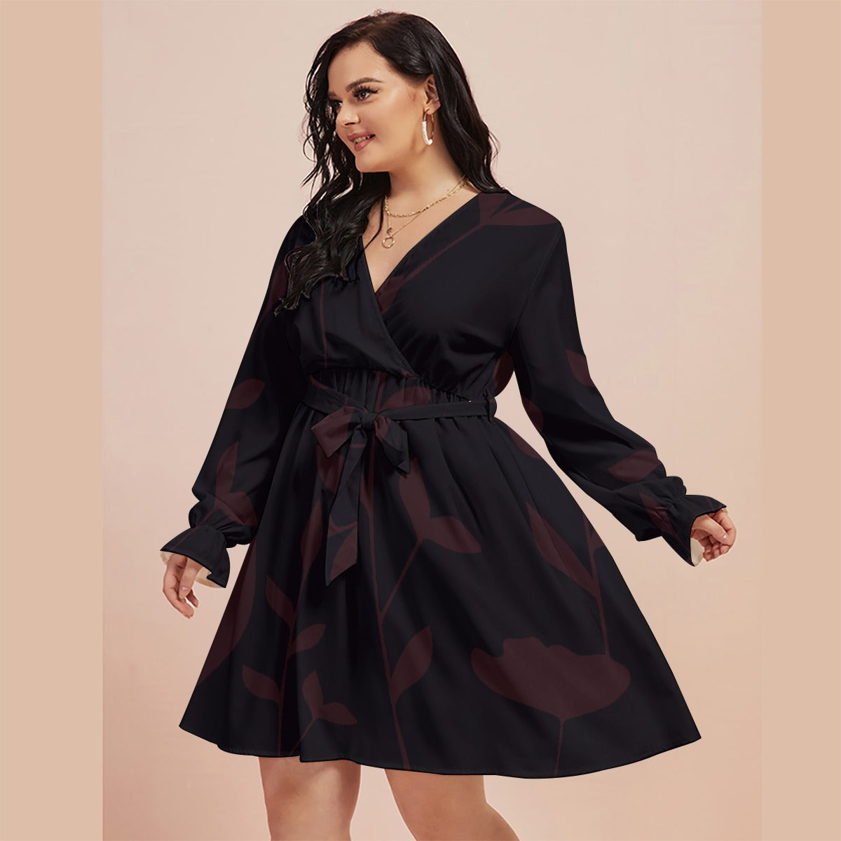 All-Over Print Women's V-neck Dress With Waistband(Plus Size)