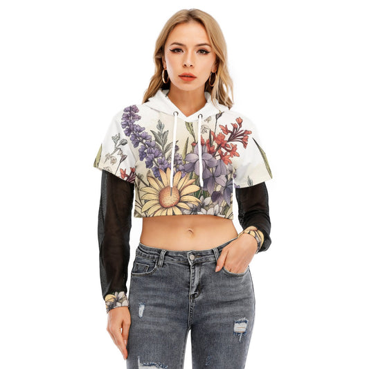 All-Over Print Women's Fake Two-piece Mesh Sleeve Cropped Hoodie