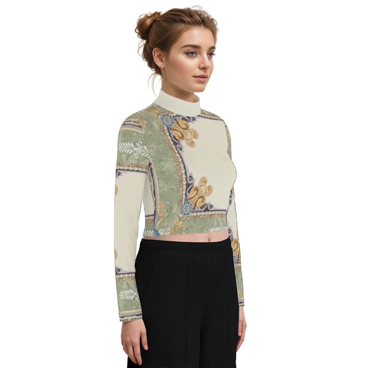 Eco-Friendly All-Over Print Women's Turtleneck T-shirt With Long Sleeve