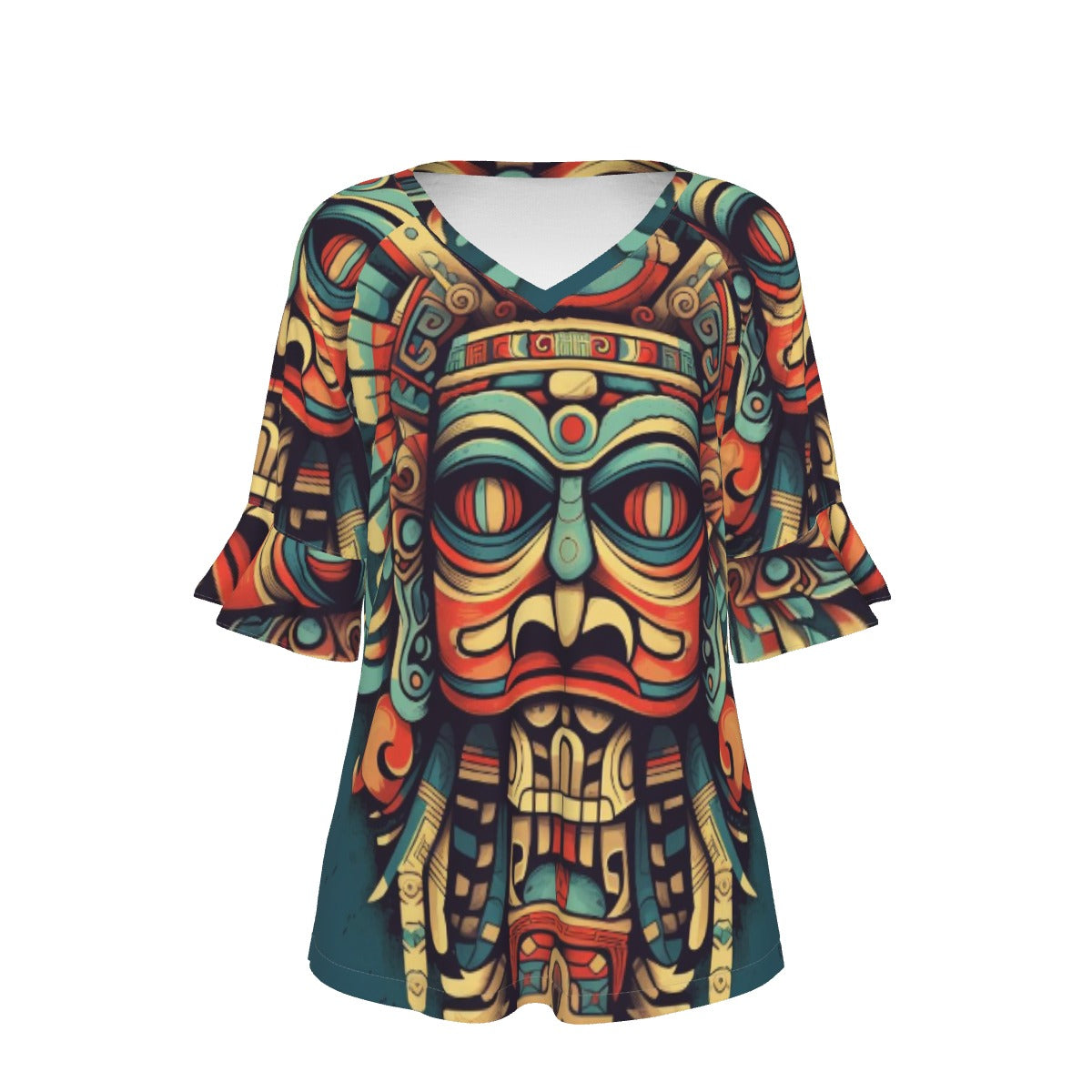 All-Over Print V-neck Women's T-shirt With Bell Sleeve