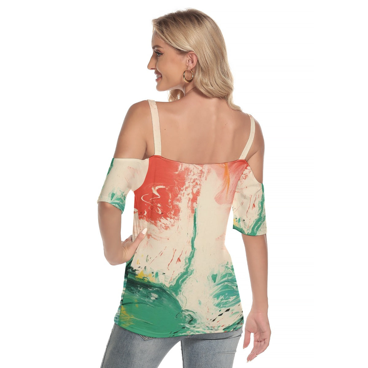 All-Over Print Women's Cold Shoulder T-shirt With Criss Cross Strips