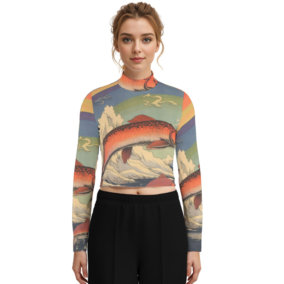 Eco-Friendly All-Over Print Women's Turtleneck T-shirt With Long Sleeve