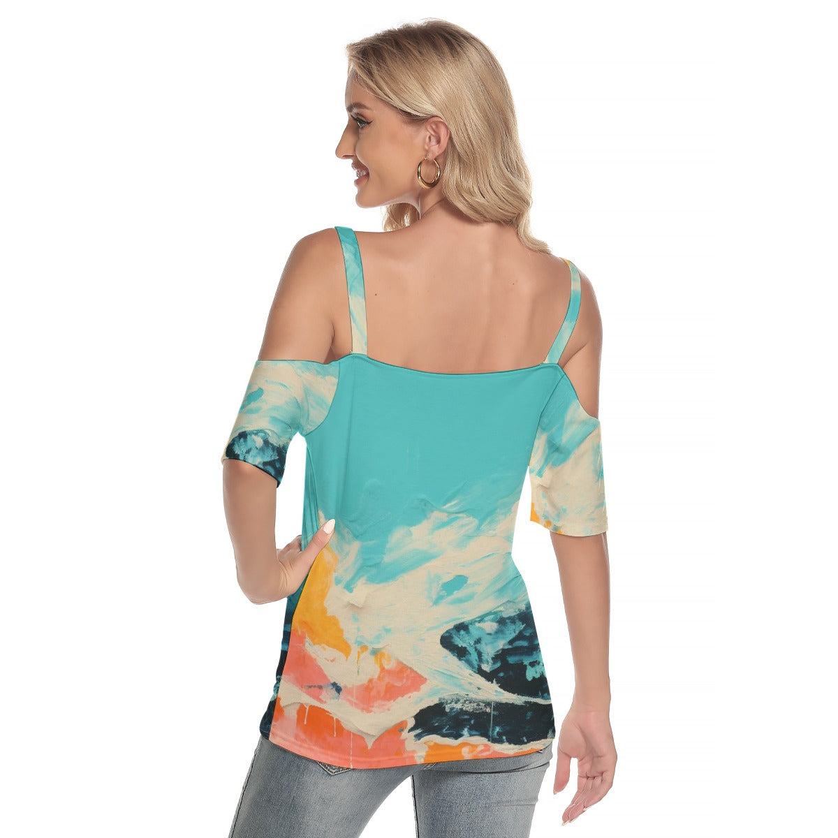 All-Over Print Women's Cold Shoulder T-shirt With Criss Cross Strips