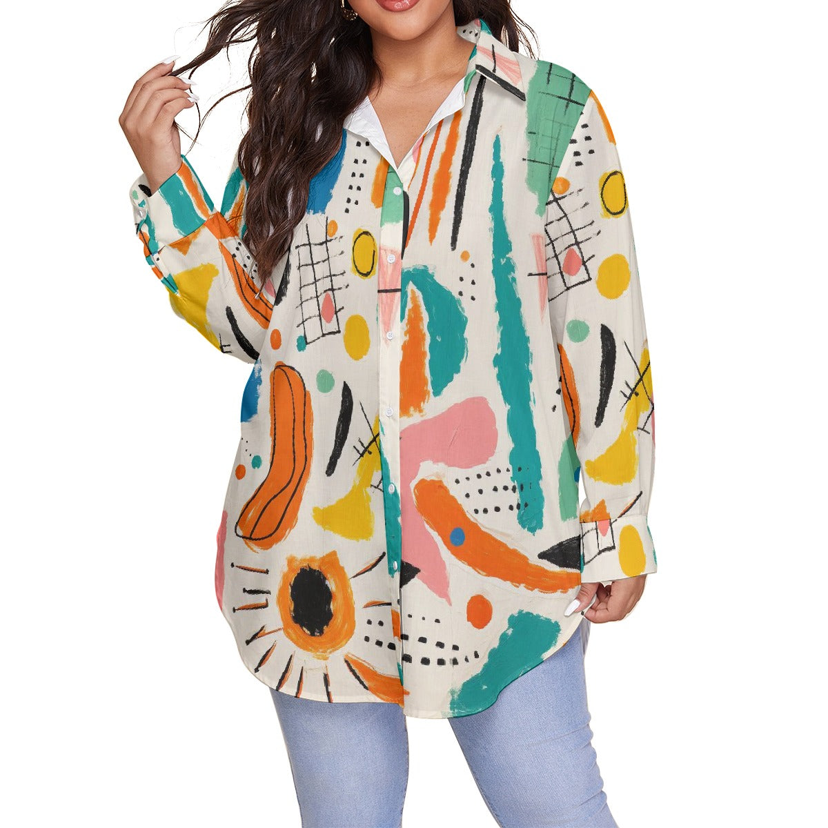 All-Over Print Women's Shirt With Long Sleeve(Plus Size)