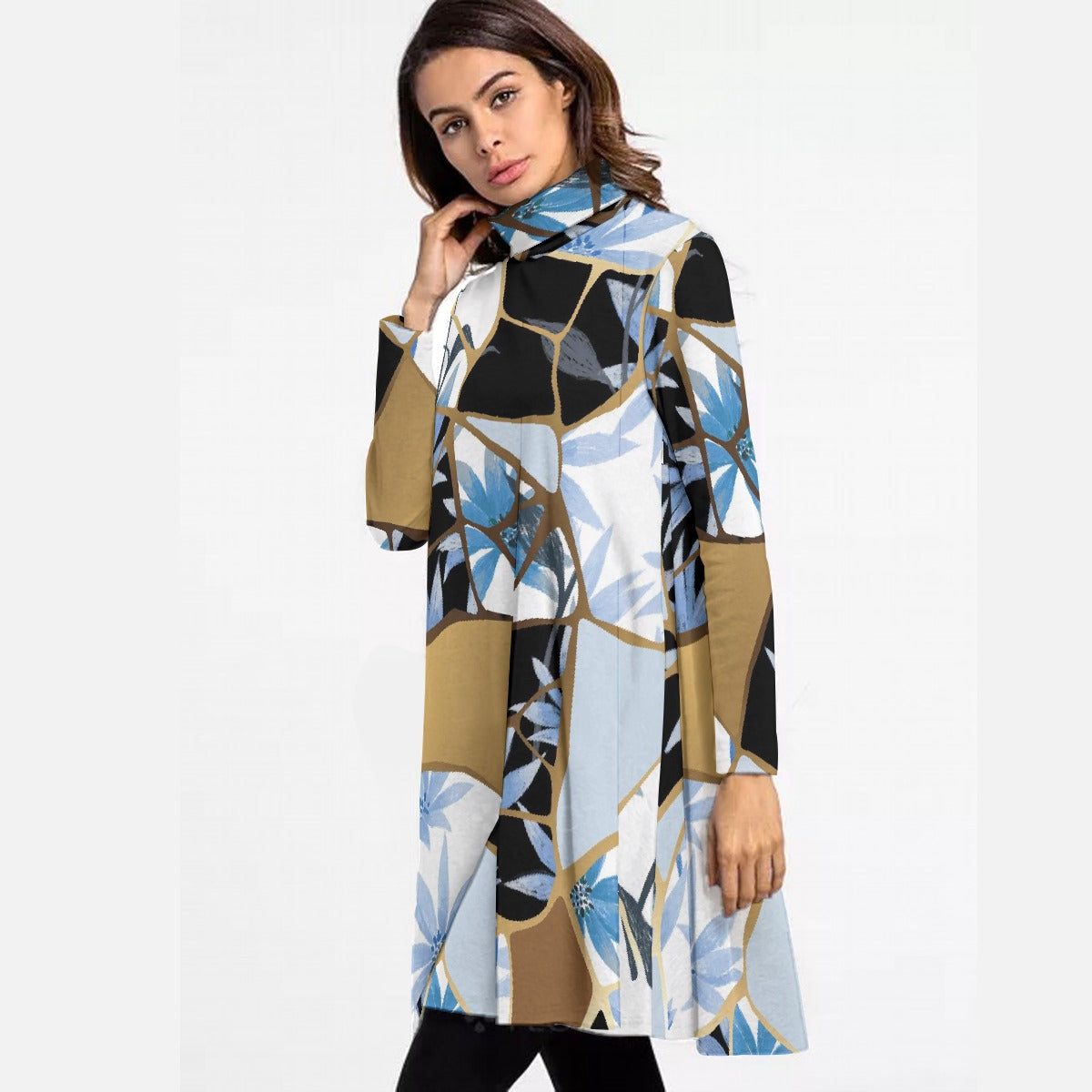 All-Over Print Women's High Neck Dress With Long Sleeve