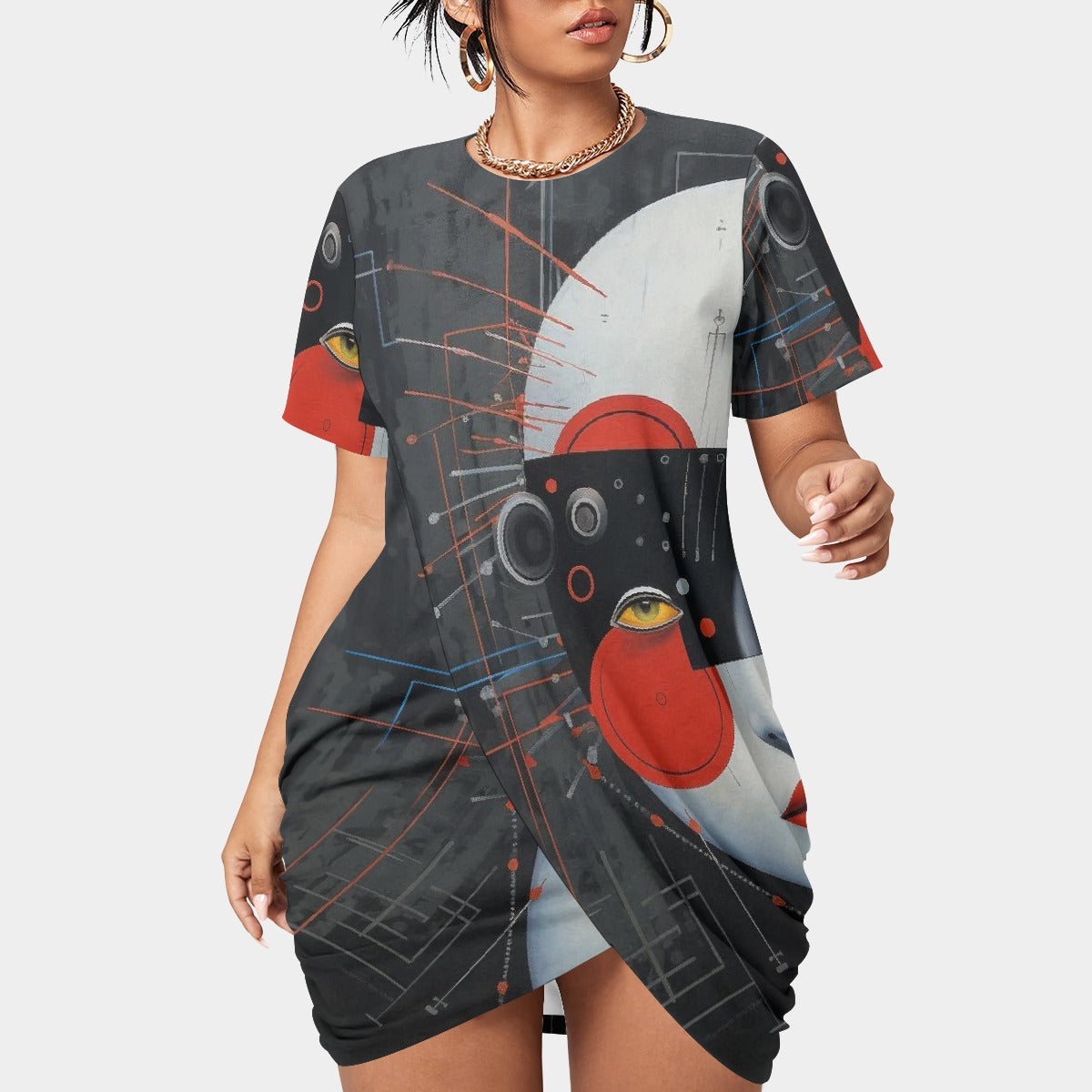 All-Over Print Women’s Stacked Hem Dress With Short Sleeve（Plus Size）