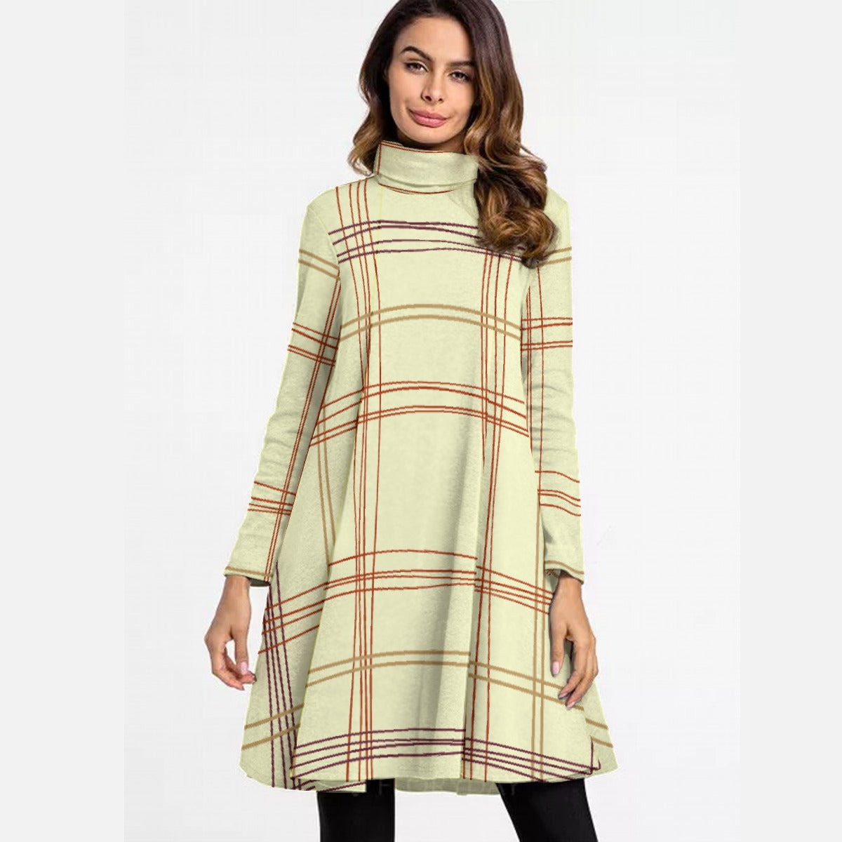 All-Over Print Women's High Neck Dress With Long Sleeve