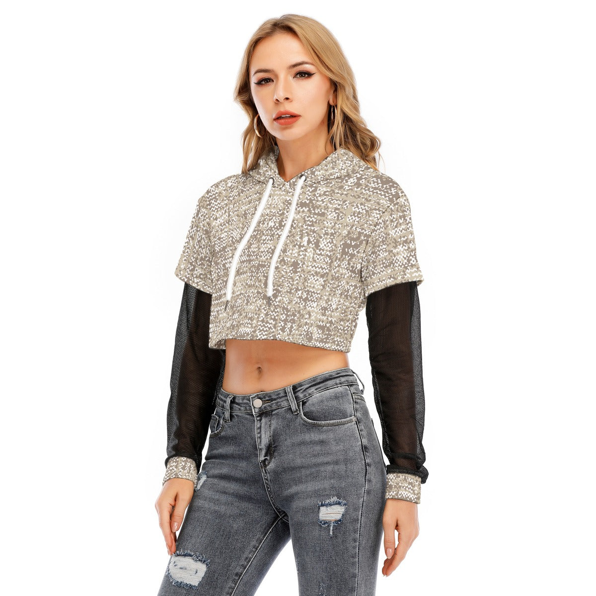 All-Over Print Women's Fake Two-piece Mesh Sleeve Cropped Hoodie