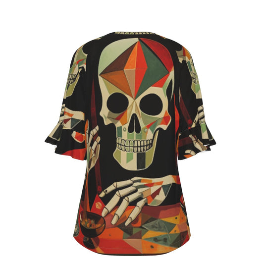 All-Over Print V-neck Women's T-shirt With Bell Sleeve