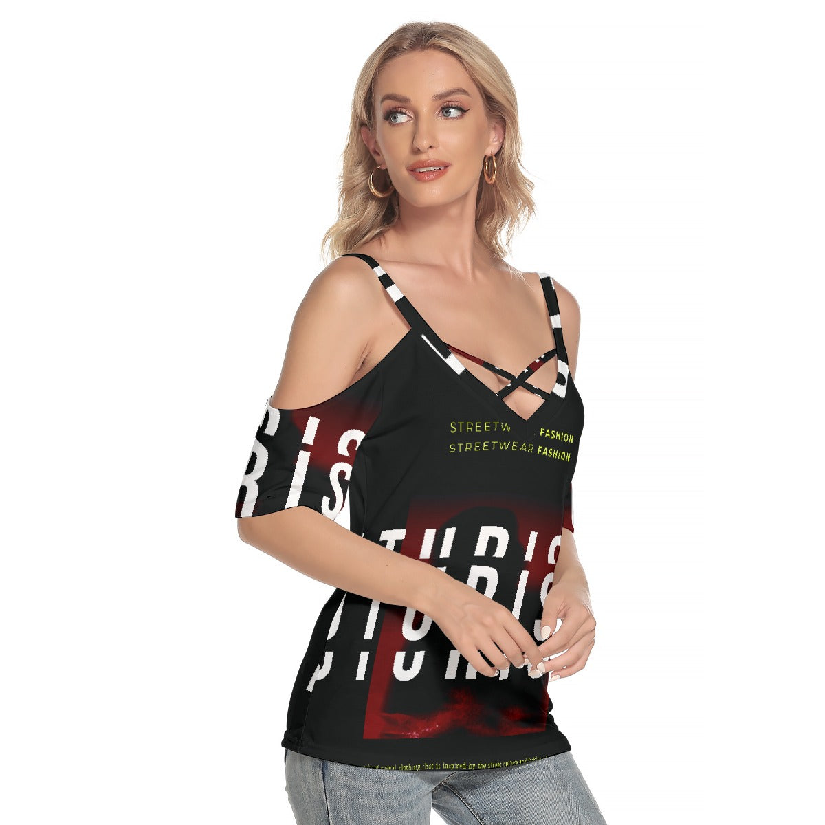 All-Over Print Women's Cold Shoulder T-shirt With Criss Cross Strips