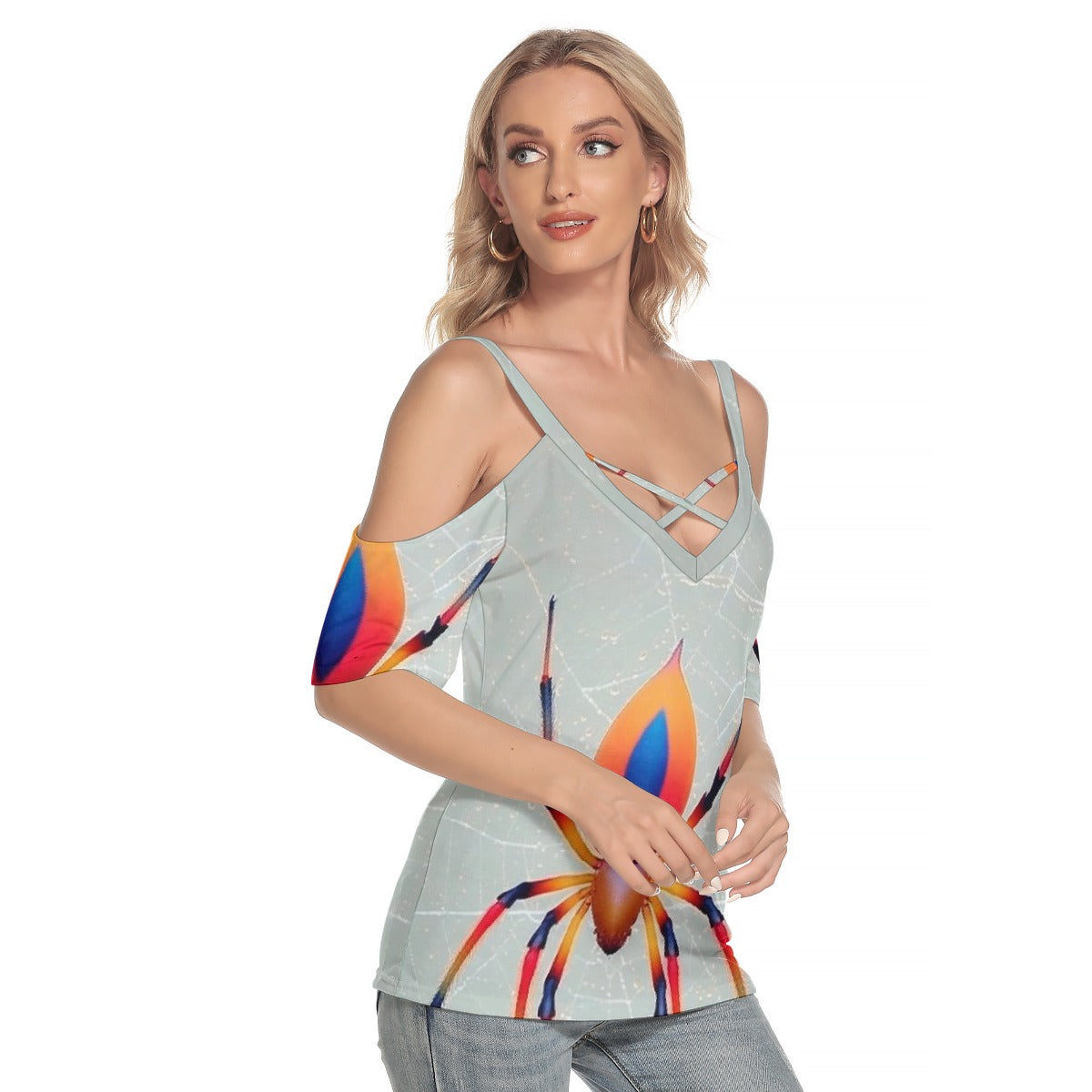 All-Over Print Women's Cold Shoulder T-shirt With Criss Cross Strips