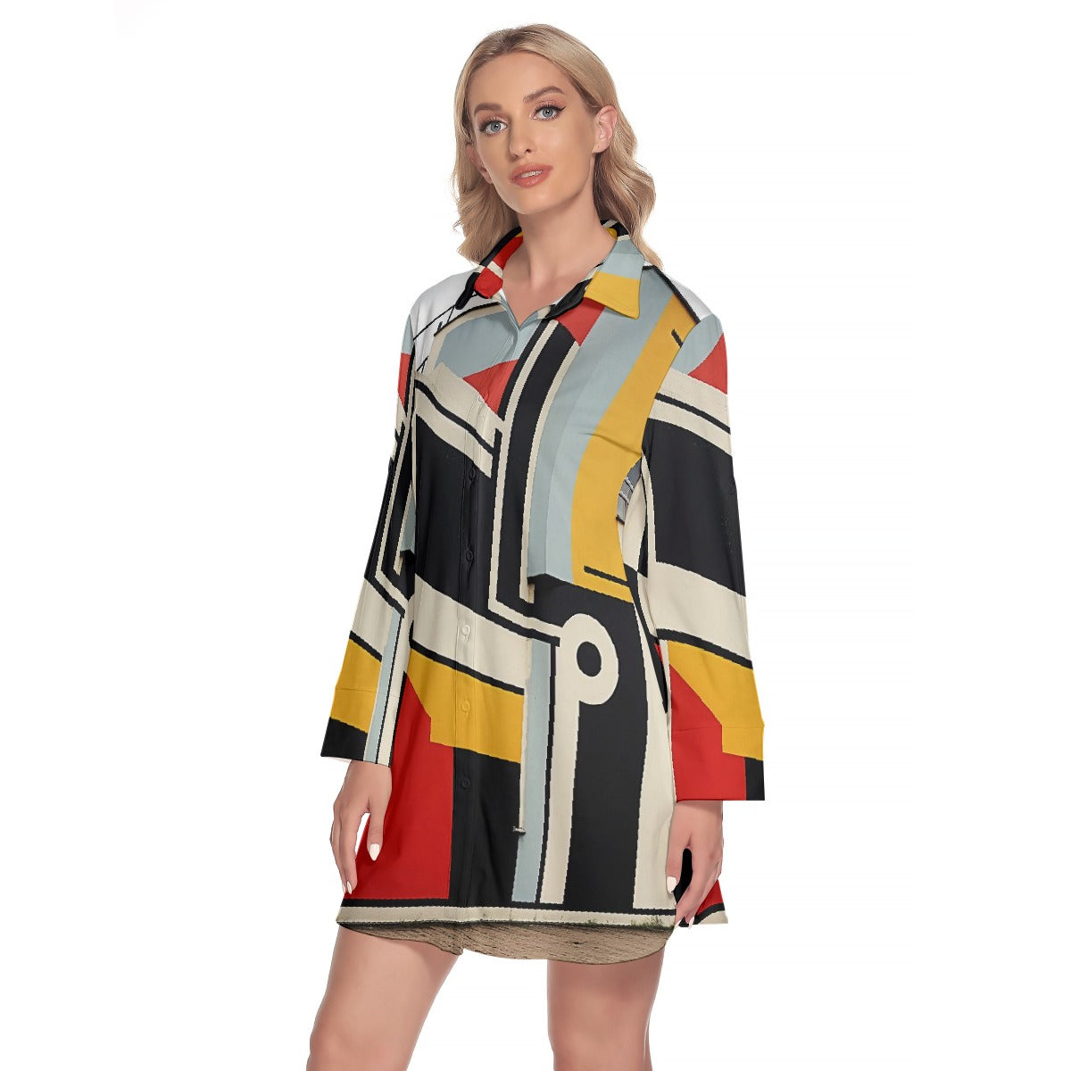 All-Over Print Women's Lapel Shirt Dress With Long Sleeve