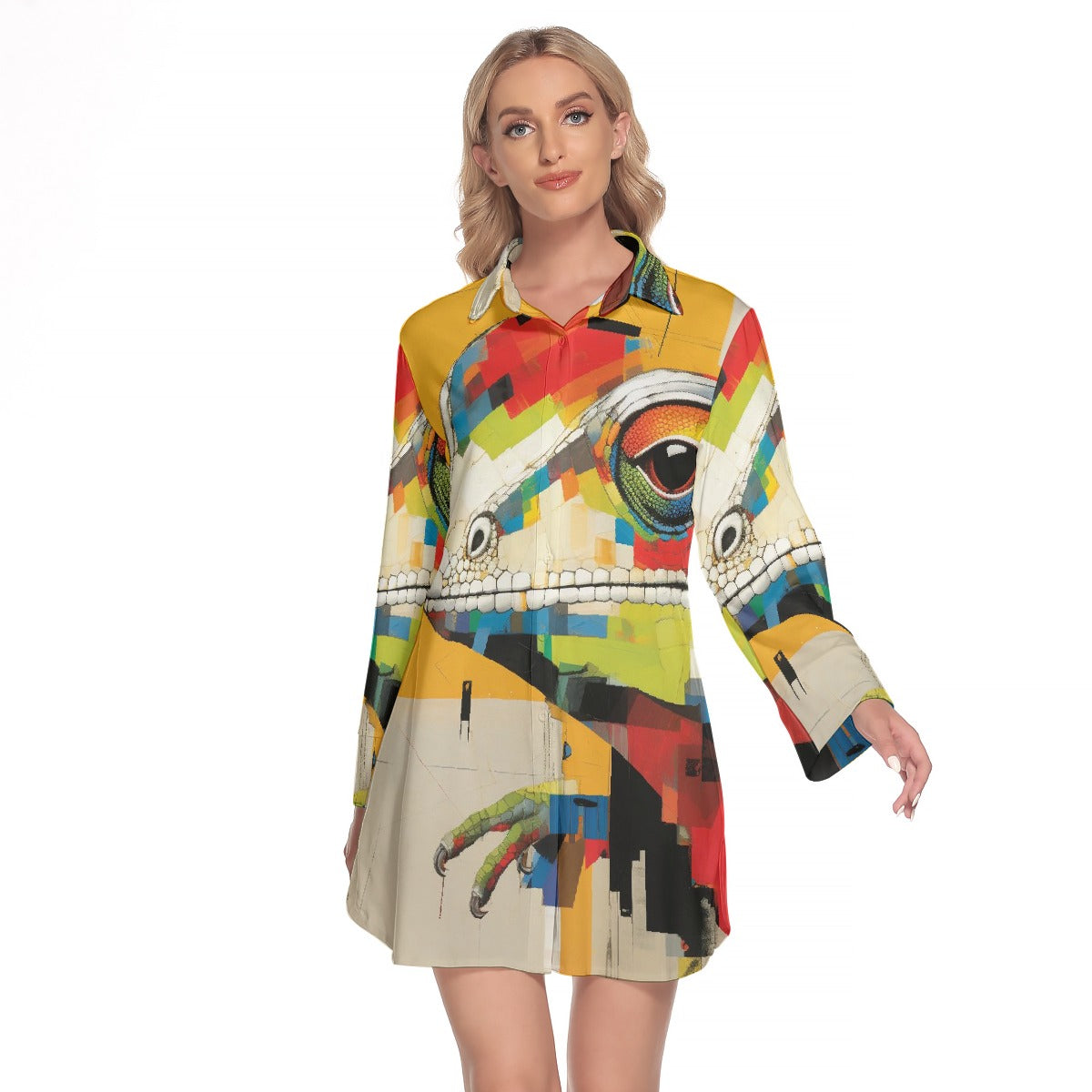 All-Over Print Women's Lapel Shirt Dress With Long Sleeve