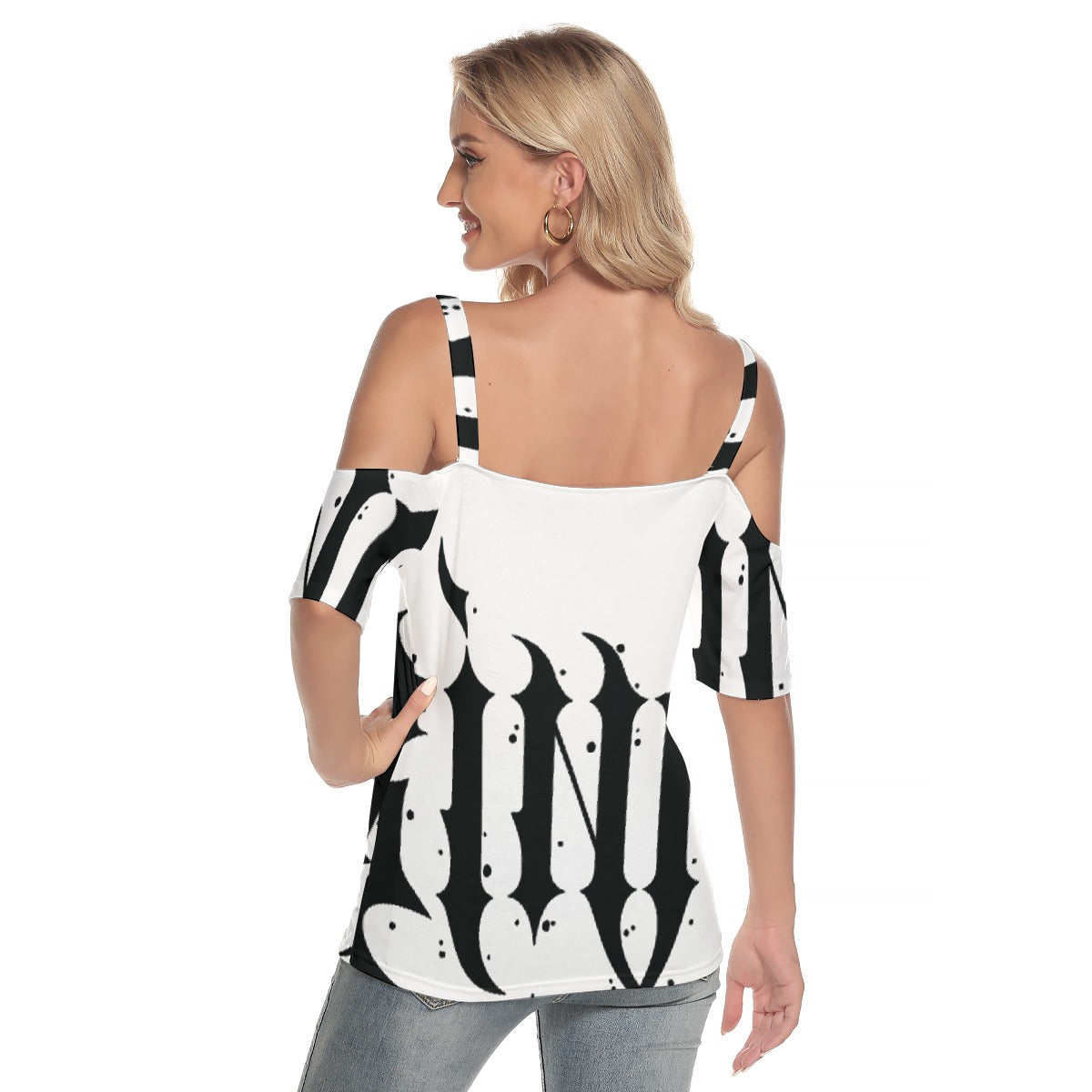 All-Over Print Women's Cold Shoulder T-shirt With Criss Cross Strips