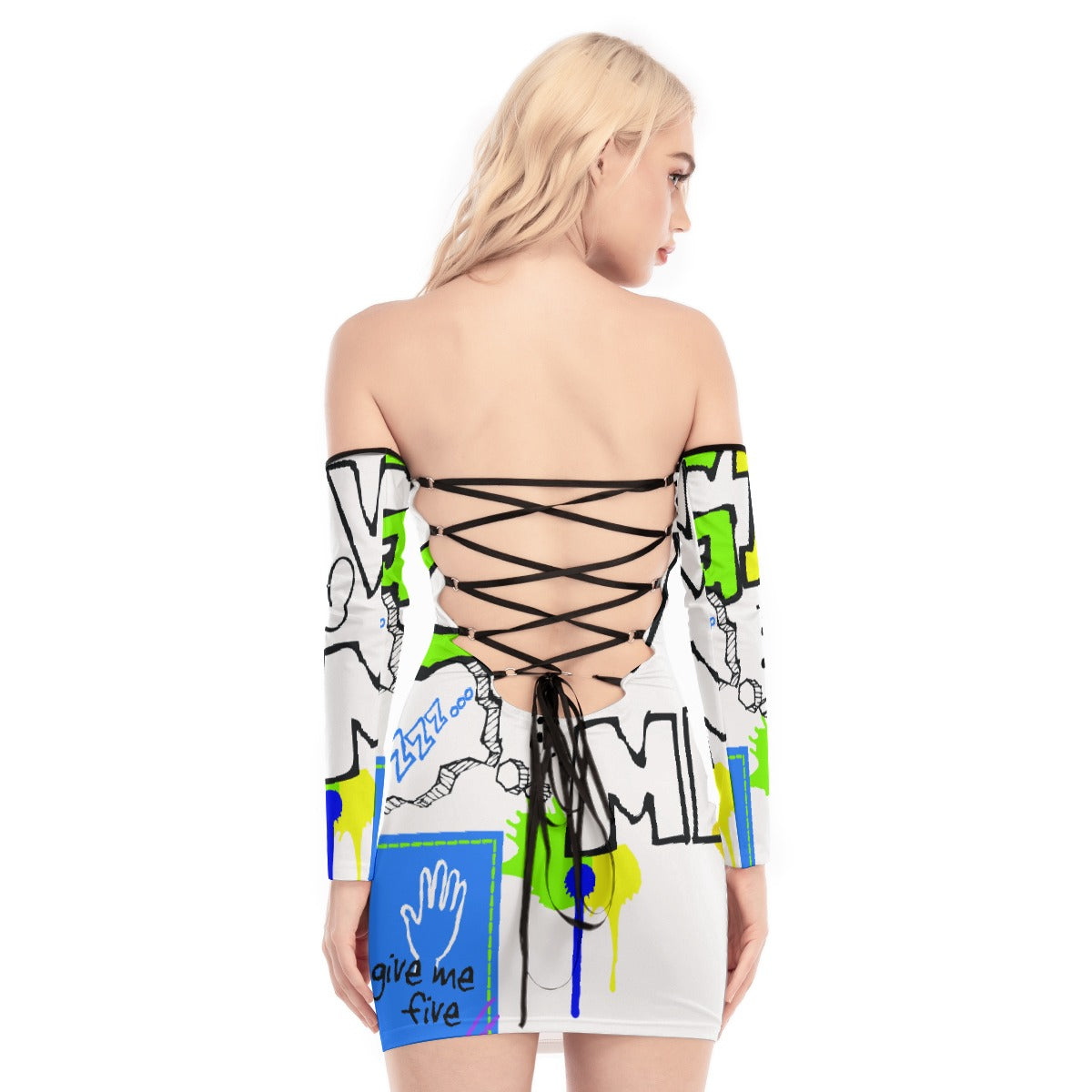 All-Over Print Women's Off-shoulder Back Lace-up Dress