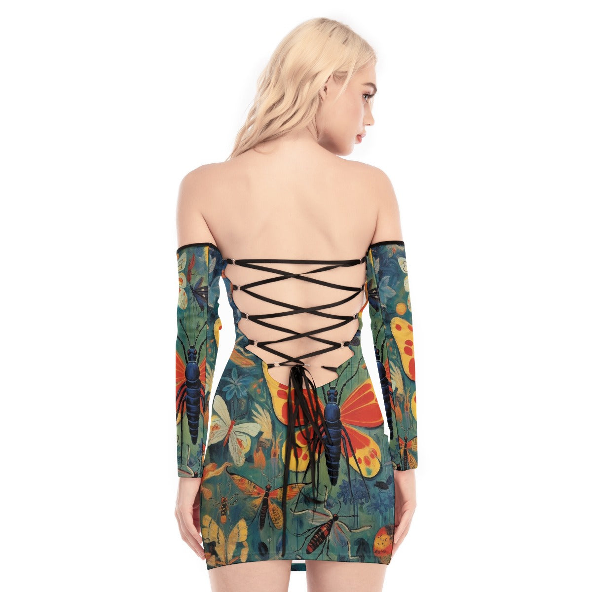 All-Over Print Women's Off-shoulder Back Lace-up Dress