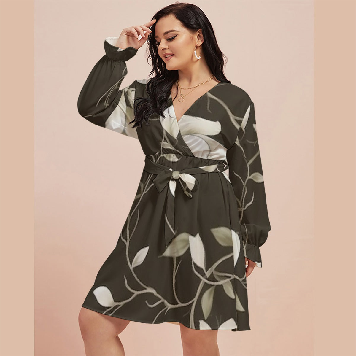 All-Over Print Women's V-neck Dress With Waistband(Plus Size)