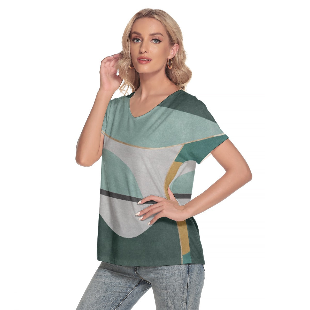 All-Over Print Women's Loose V-neck Short Sleeve T-shirt