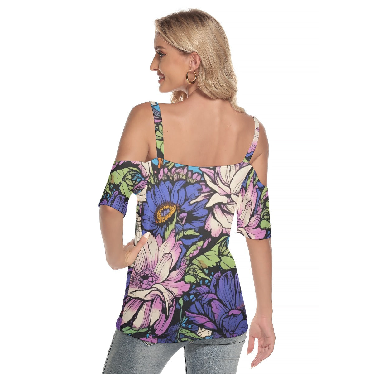 All-Over Print Women's Cold Shoulder T-shirt With Criss Cross Strips