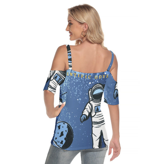 All-Over Print Women's Cold Shoulder T-shirt With Criss Cross Strips