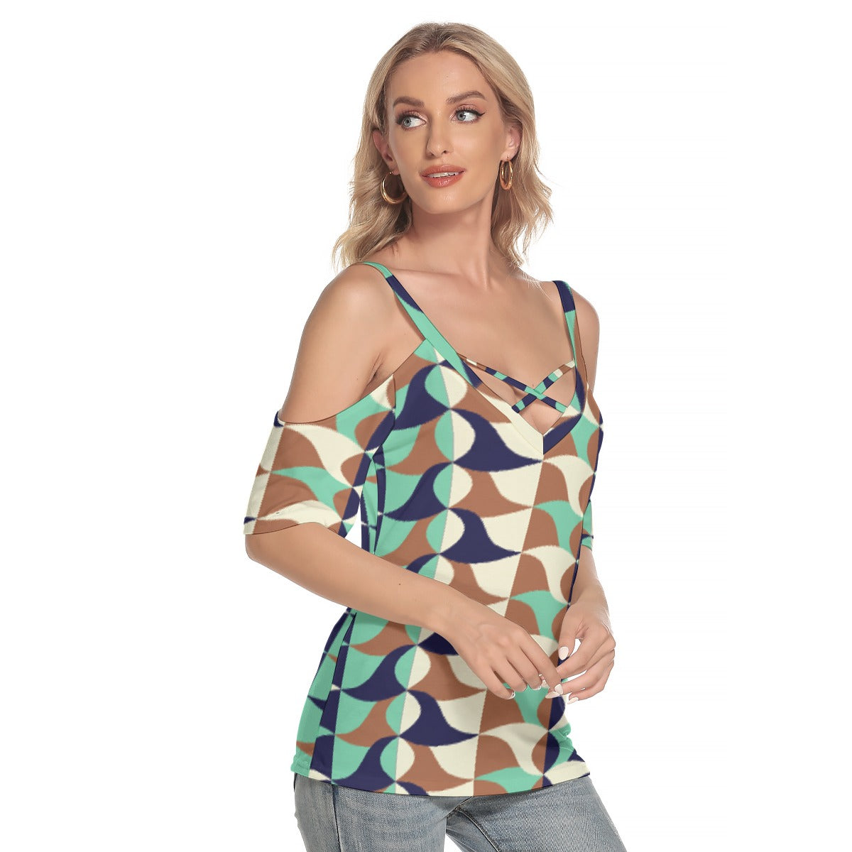 All-Over Print Women's Cold Shoulder T-shirt With Criss Cross Strips