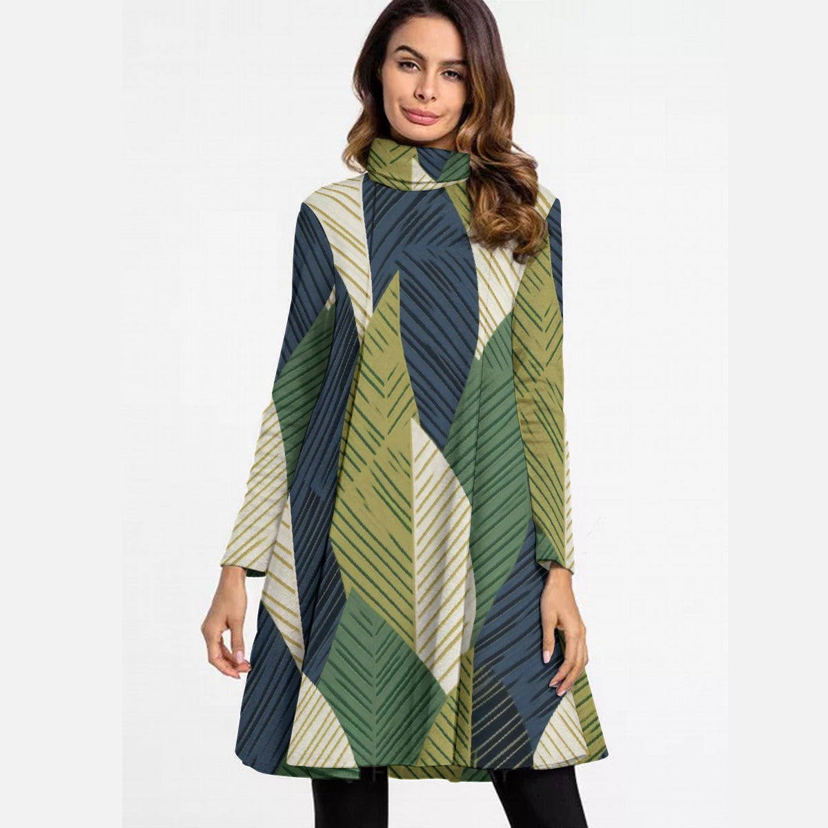 All-Over Print Women's High Neck Dress With Long Sleeve