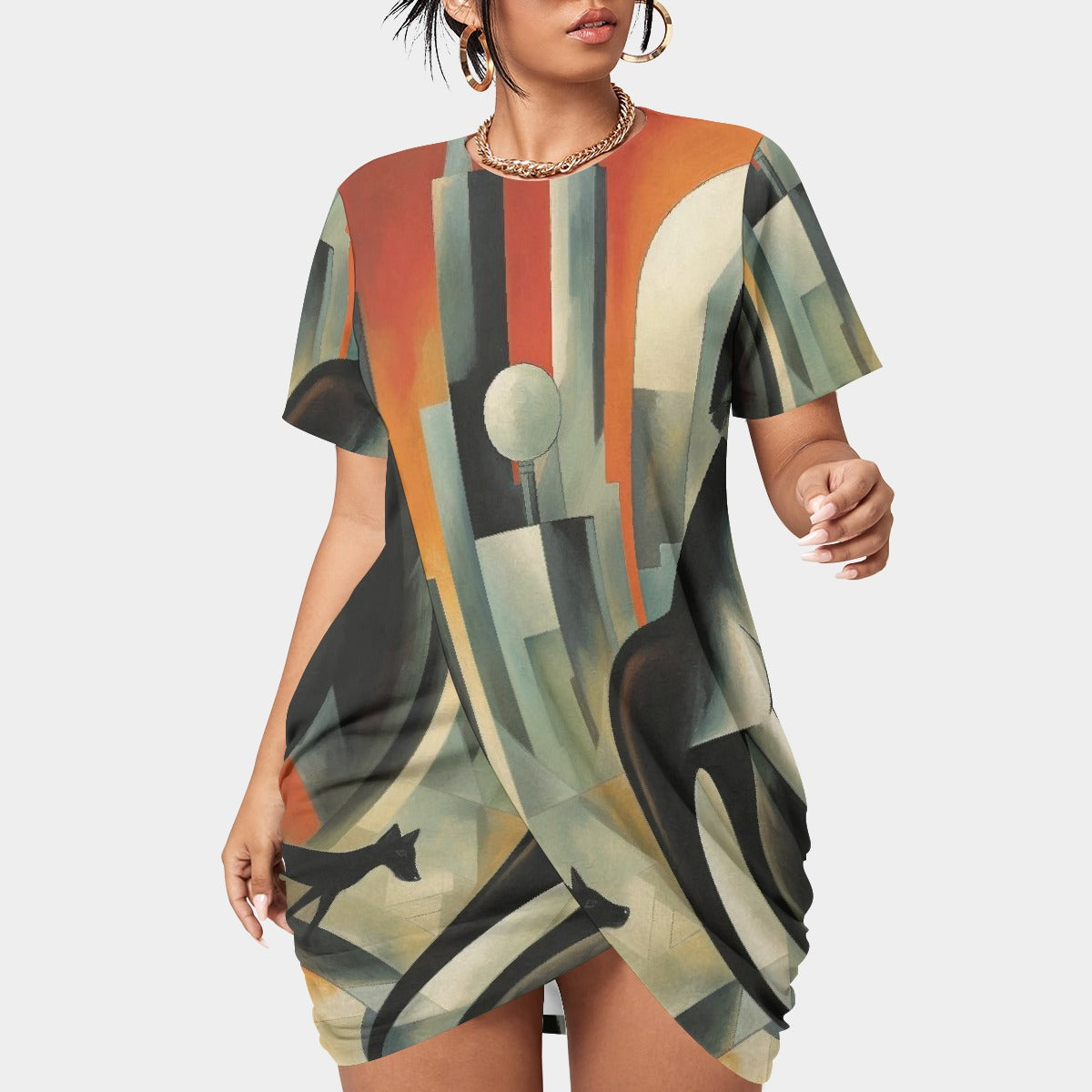 All-Over Print Women’s Stacked Hem Dress With Short Sleeve（Plus Size）