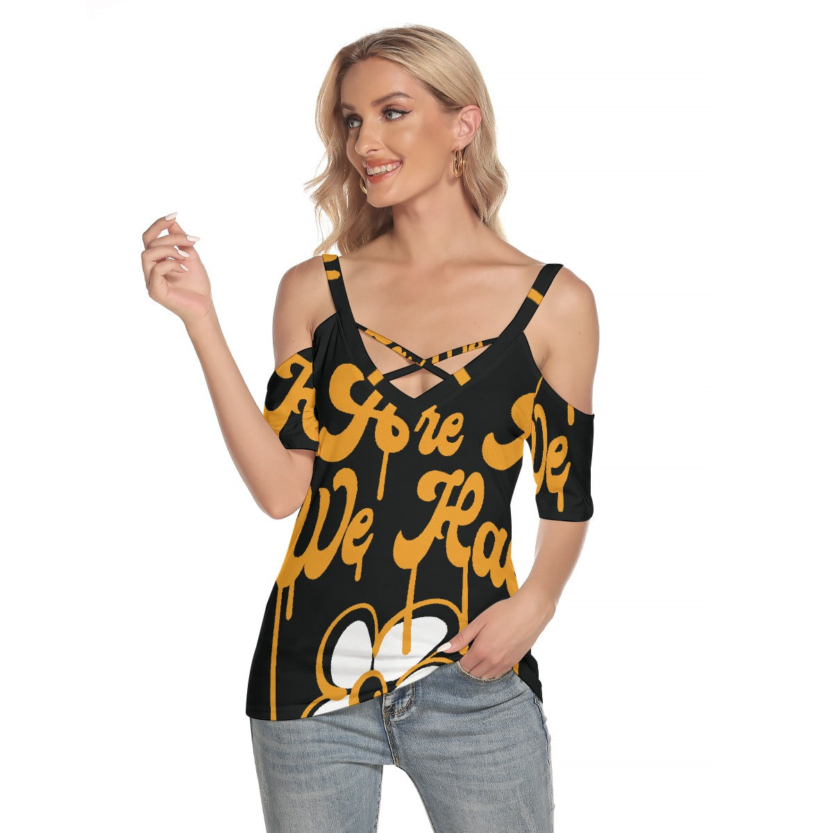 All-Over Print Women's Cold Shoulder T-shirt With Criss Cross Strips