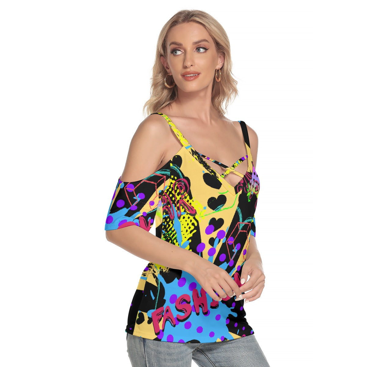 All-Over Print Women's Cold Shoulder T-shirt With Criss Cross Strips