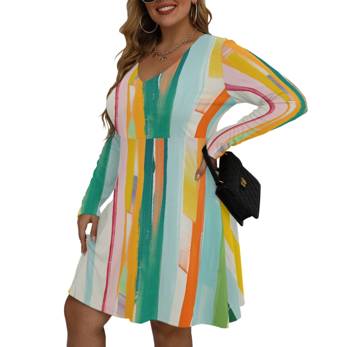 All-Over Print Women's V-neck Long Sleeve Dress(Plus Size)