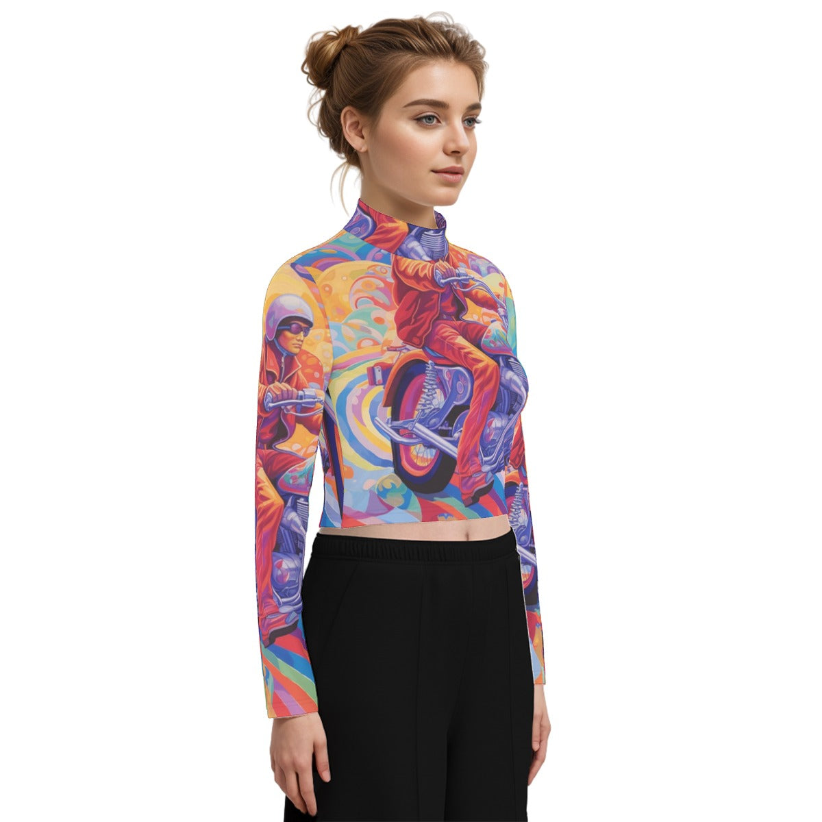 Eco-Friendly All-Over Print Women's Turtleneck T-shirt With Long Sleeve