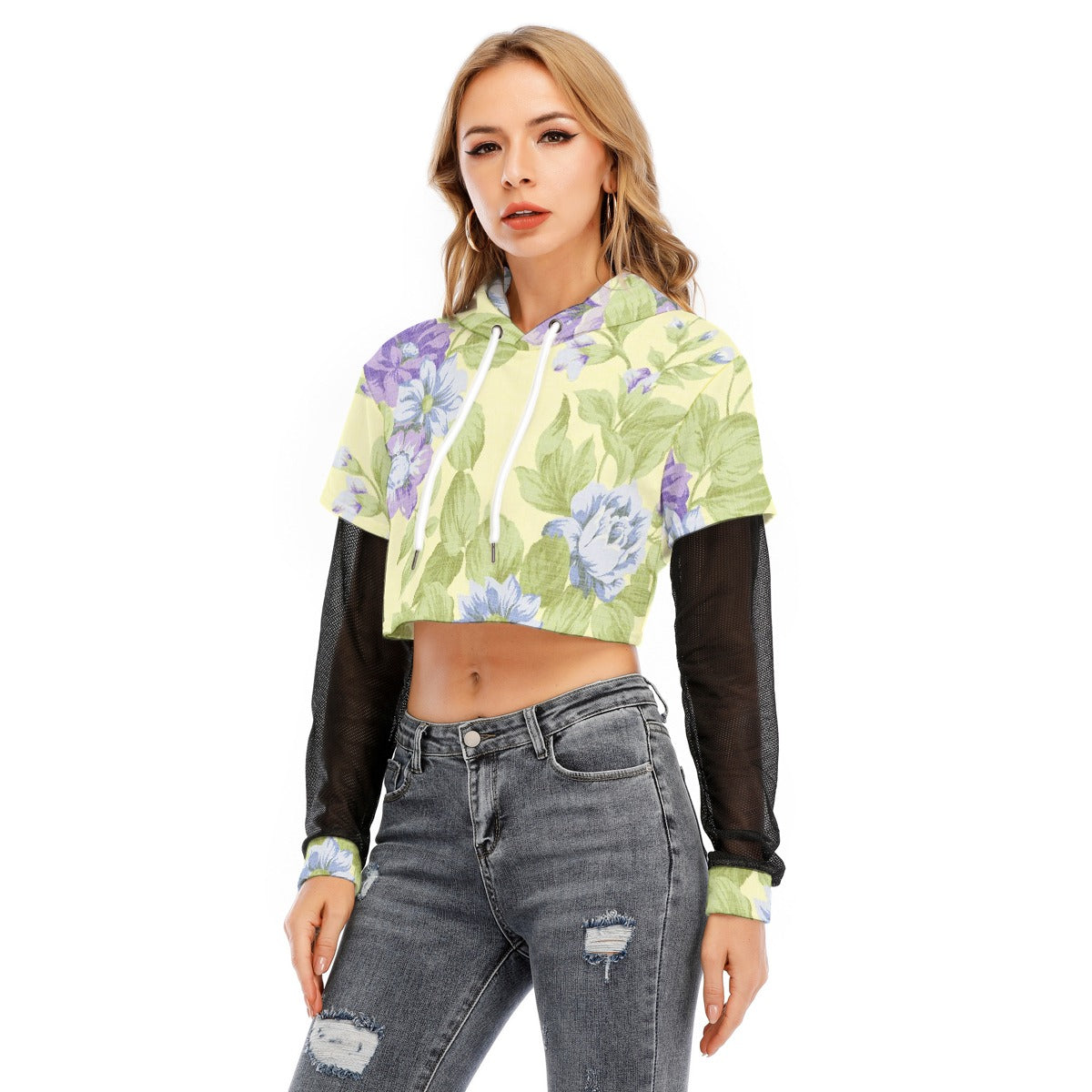 All-Over Print Women's Fake Two-piece Mesh Sleeve Cropped Hoodie