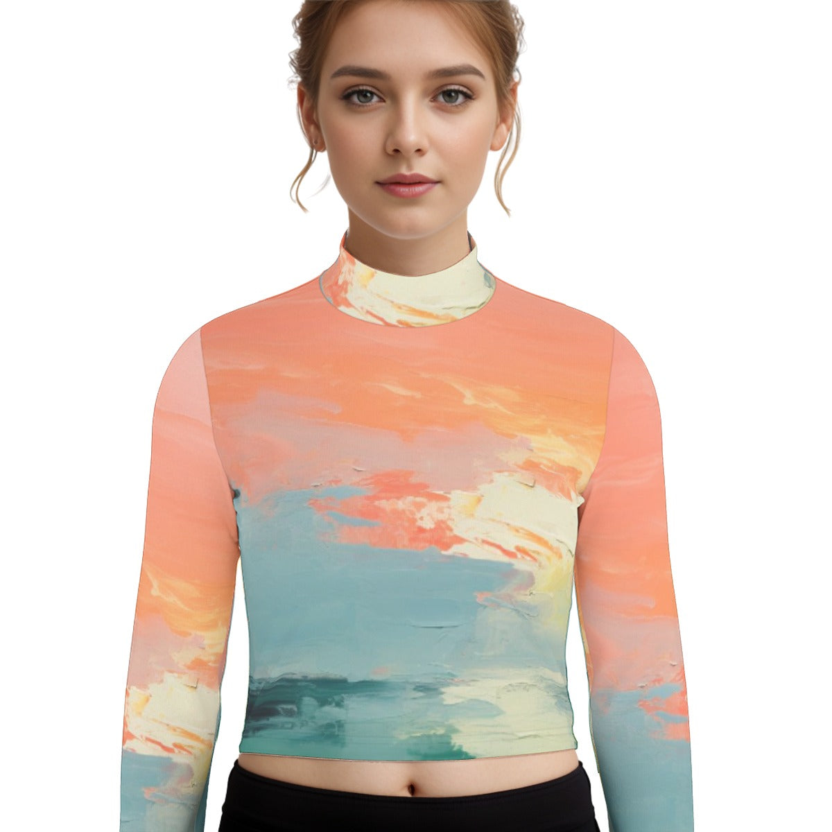 Eco-Friendly All-Over Print Women's Turtleneck T-shirt With Long Sleeve