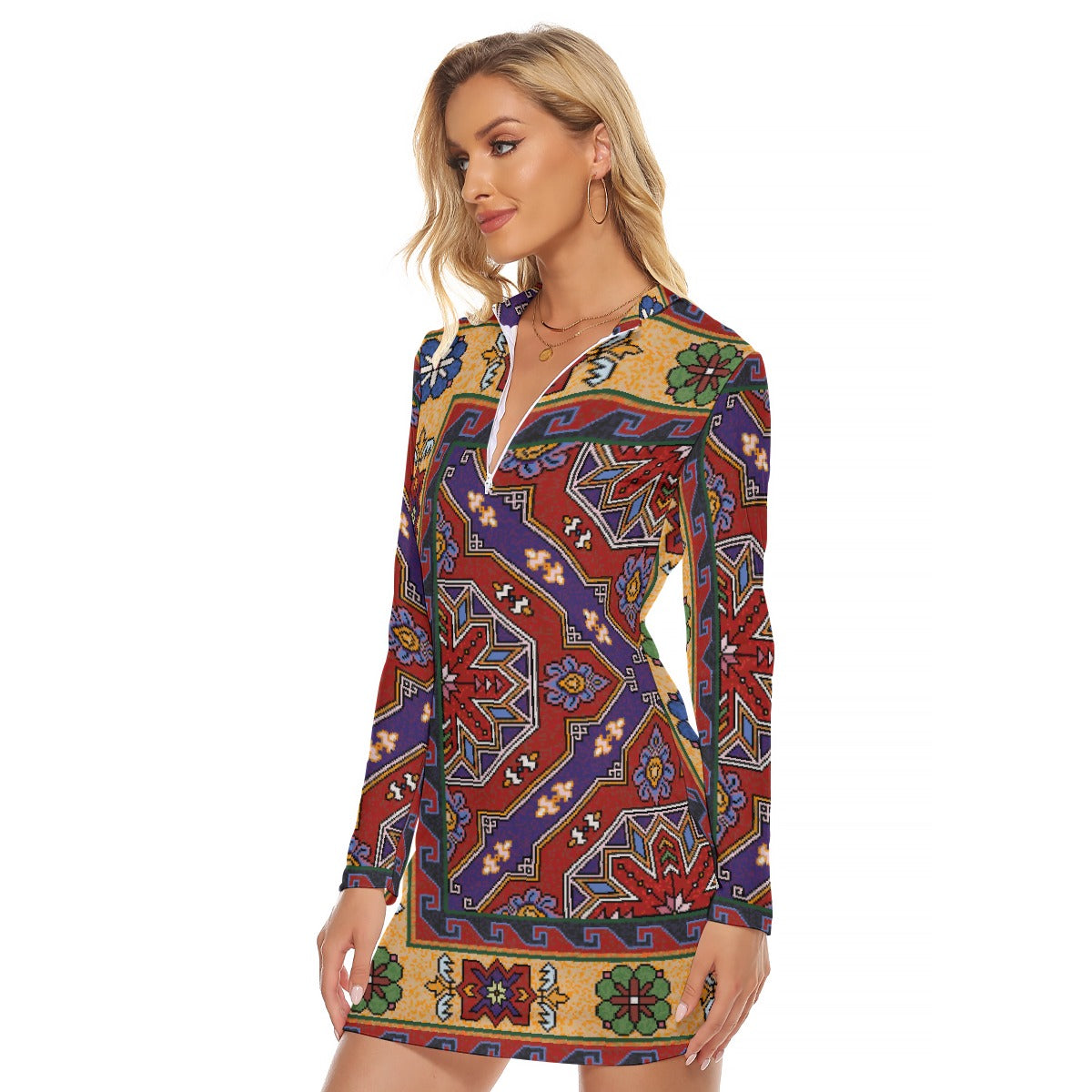 All-Over Print Women's Zip Front Tight Dress