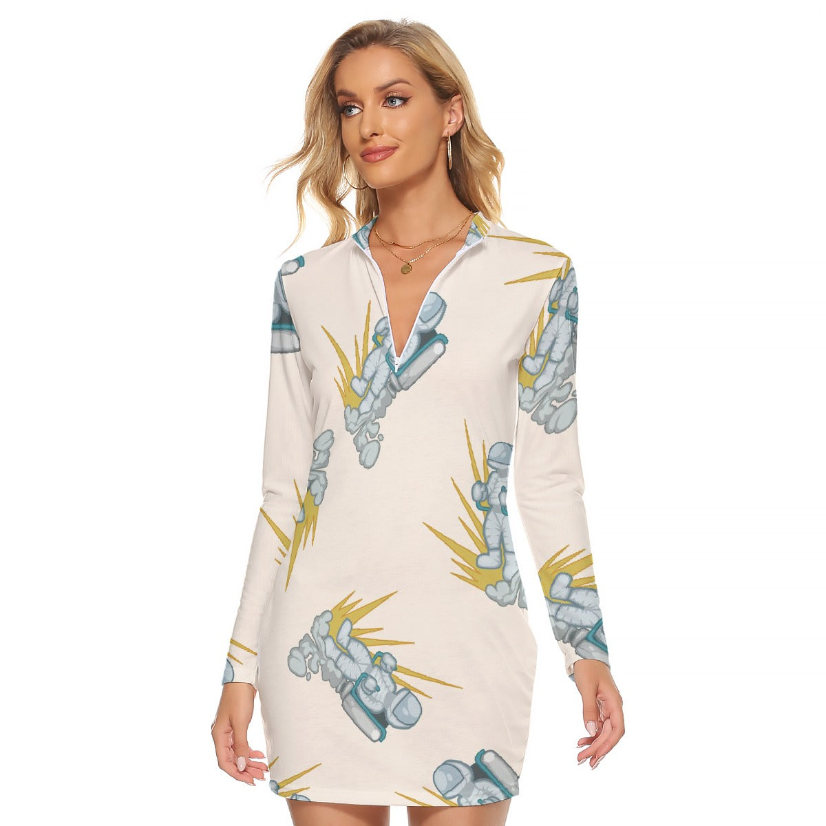 All-Over Print Women's Zip Front Tight Dress