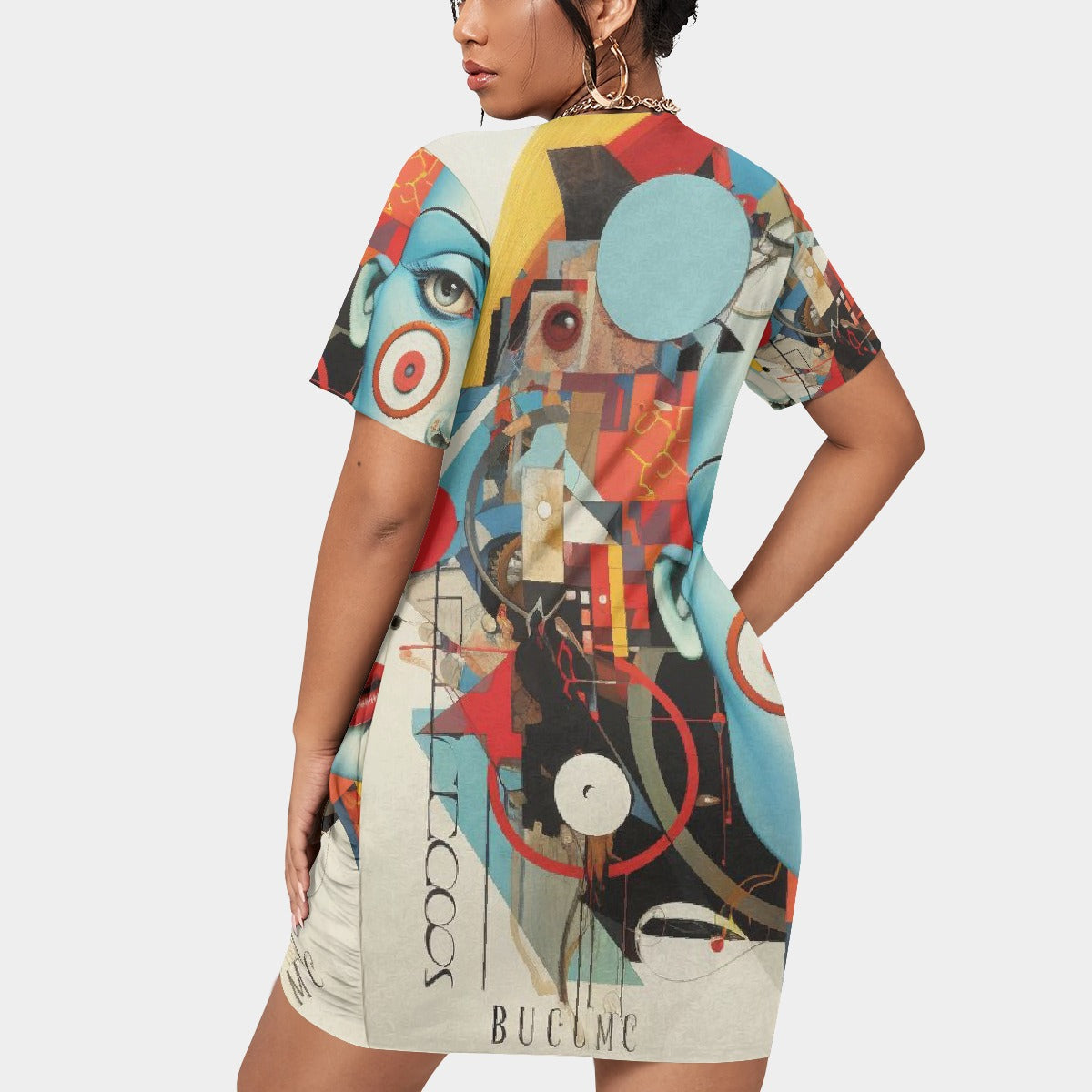 All-Over Print Women’s Stacked Hem Dress With Short Sleeve（Plus Size）