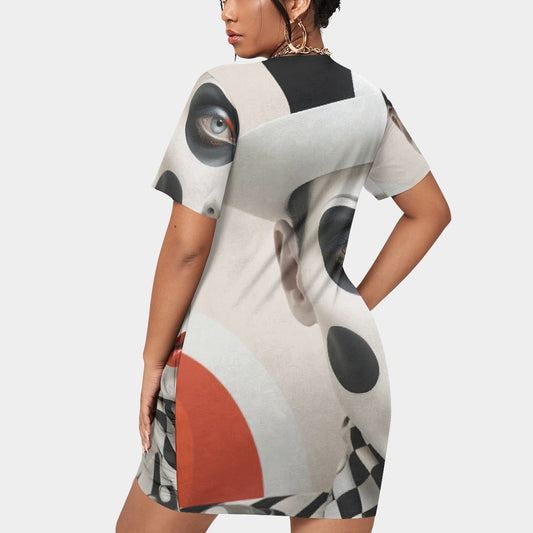 All-Over Print Women’s Stacked Hem Dress With Short Sleeve（Plus Size）