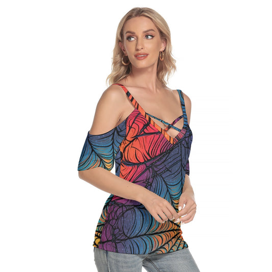 All-Over Print Women's Cold Shoulder T-shirt With Criss Cross Strips