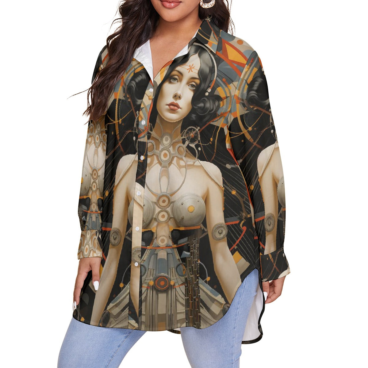 All-Over Print Women's Shirt With Long Sleeve(Plus Size)