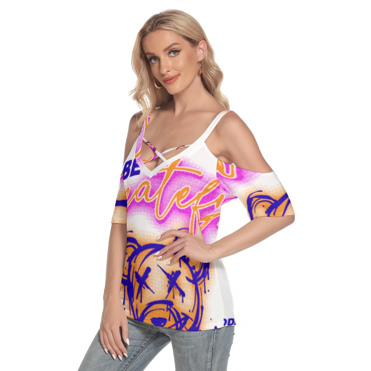 All-Over Print Women's Cold Shoulder T-shirt With Criss Cross Strips