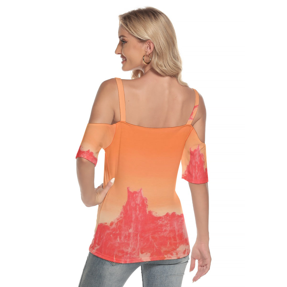 All-Over Print Women's Cold Shoulder T-shirt With Criss Cross Strips