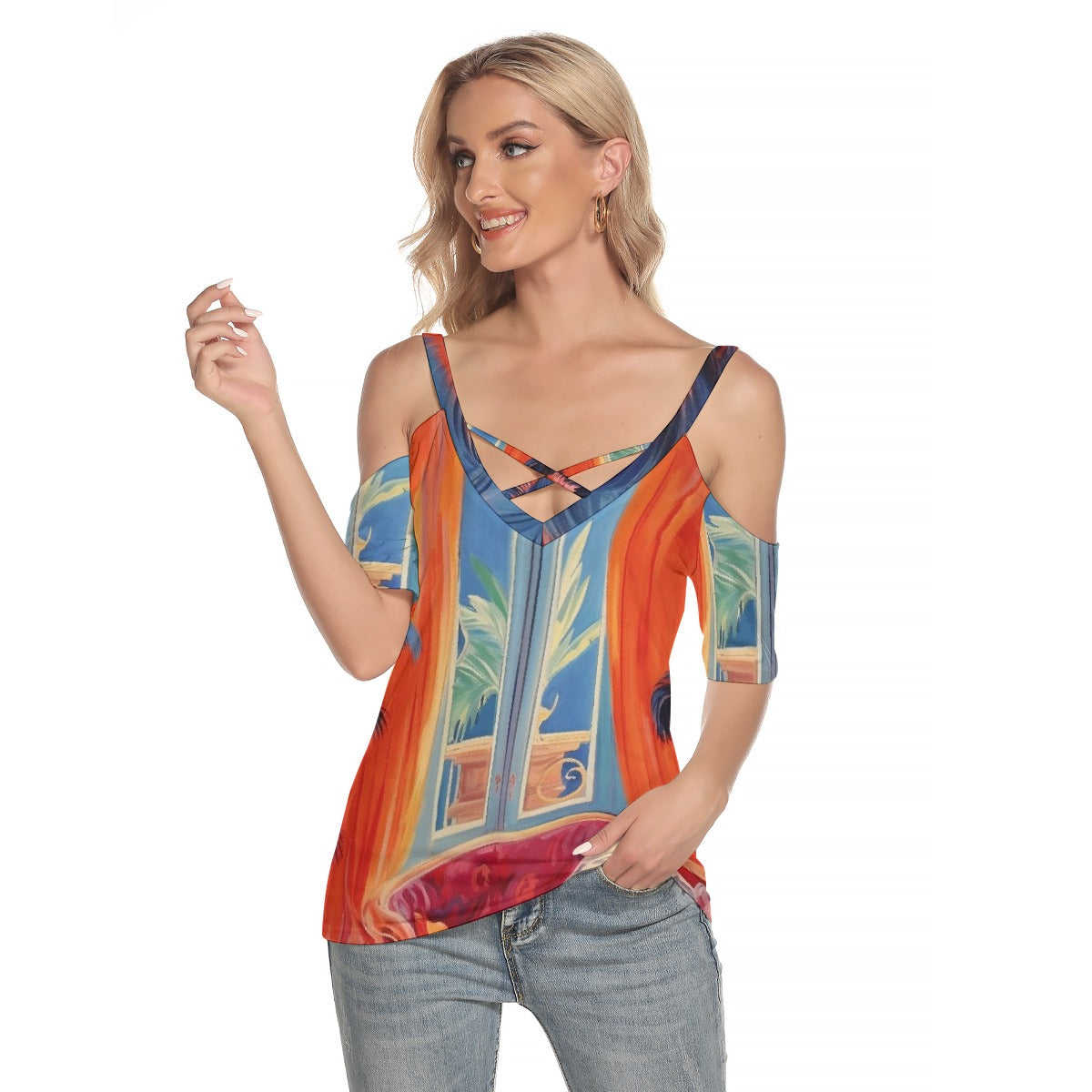 All-Over Print Women's Cold Shoulder T-shirt With Criss Cross Strips