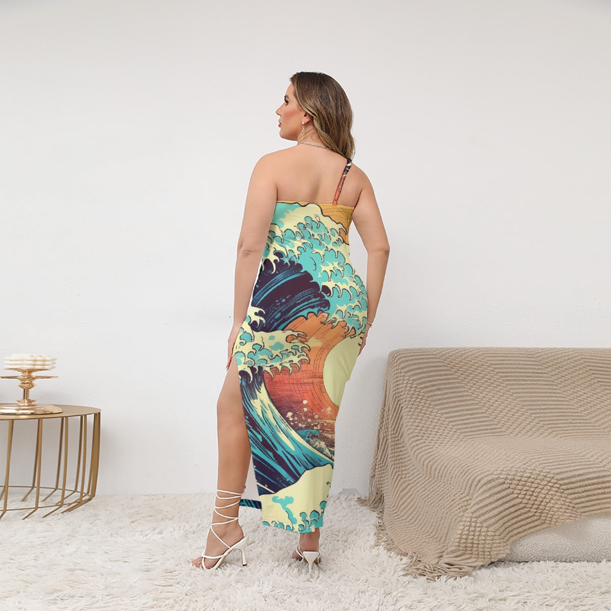 All-Over Print Women's Oblique-Shoulder Exposure Dress With Side Split (Plus Size)