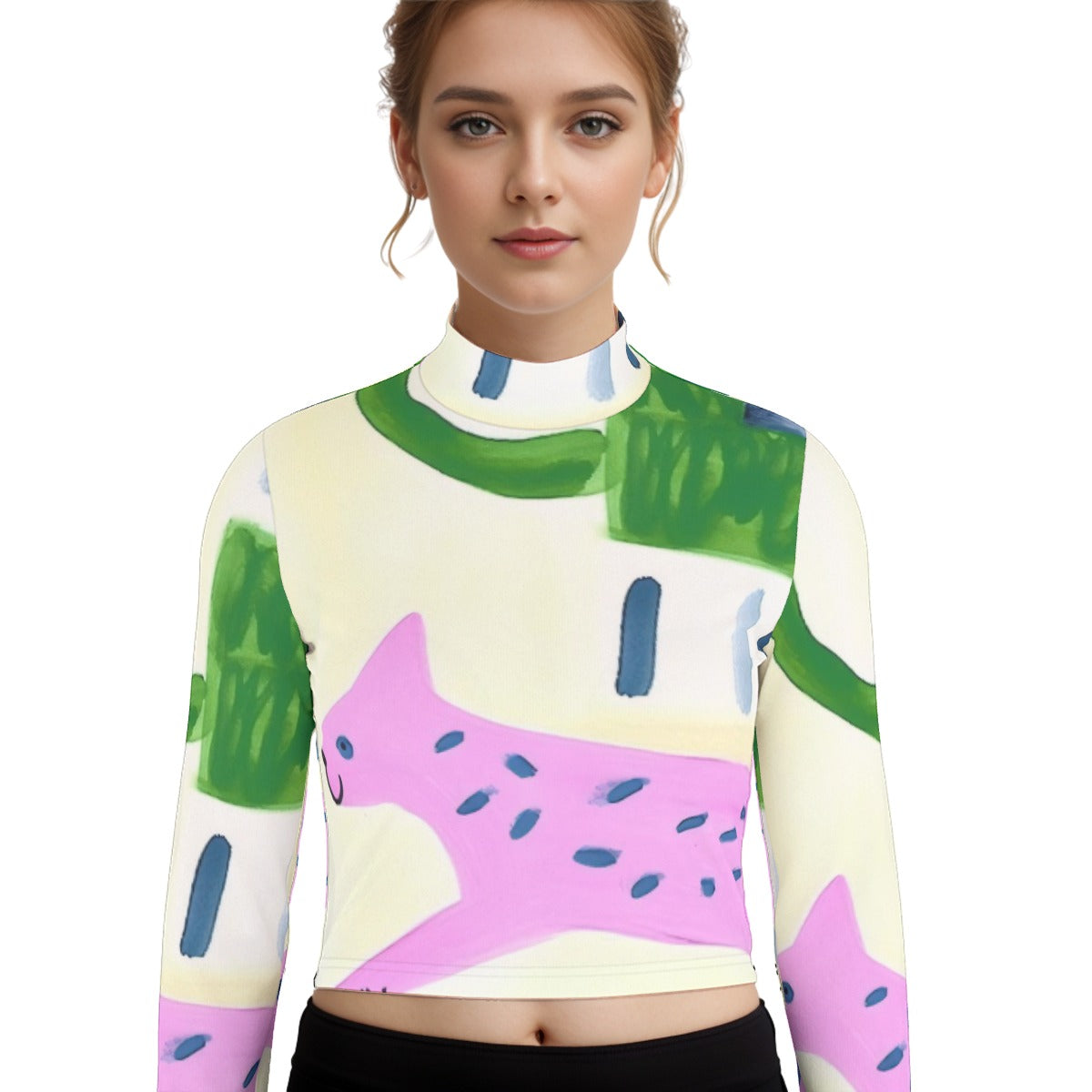 Eco-Friendly All-Over Print Women's Turtleneck T-shirt With Long Sleeve