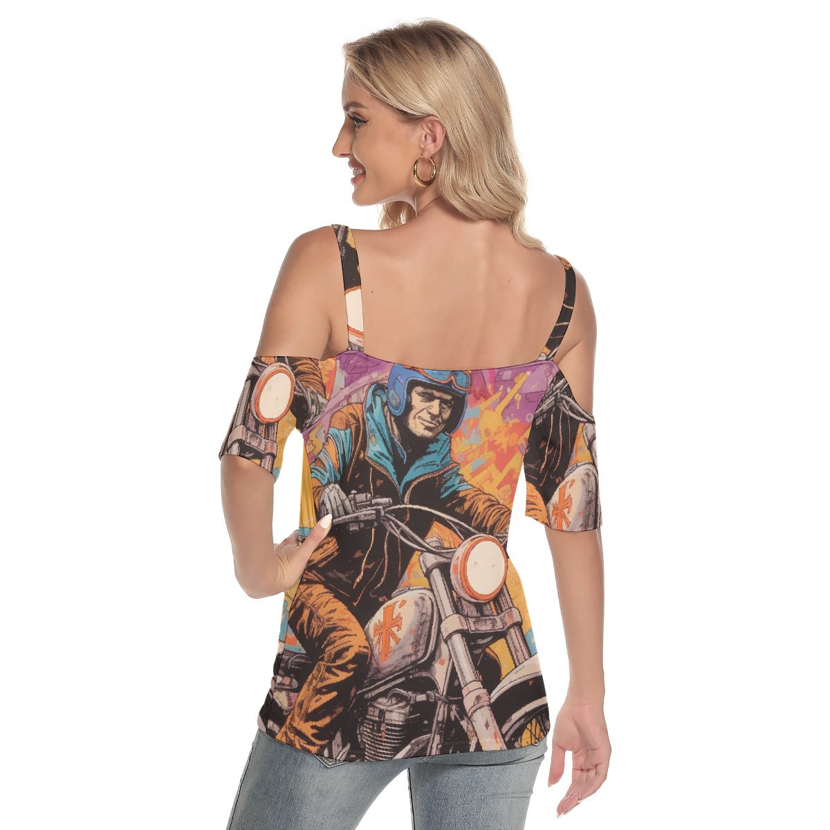 All-Over Print Women's Cold Shoulder T-shirt With Criss Cross Strips