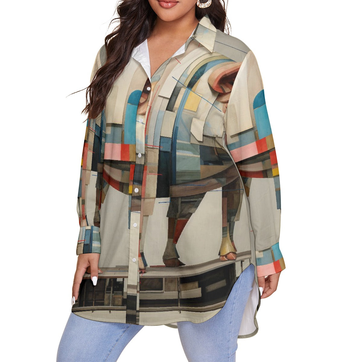 All-Over Print Women's Shirt With Long Sleeve(Plus Size)