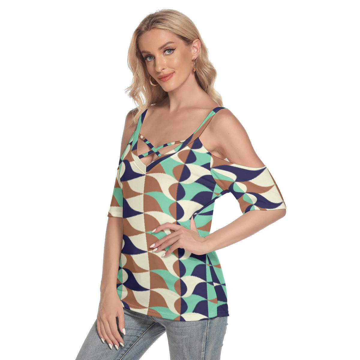 All-Over Print Women's Cold Shoulder T-shirt With Criss Cross Strips