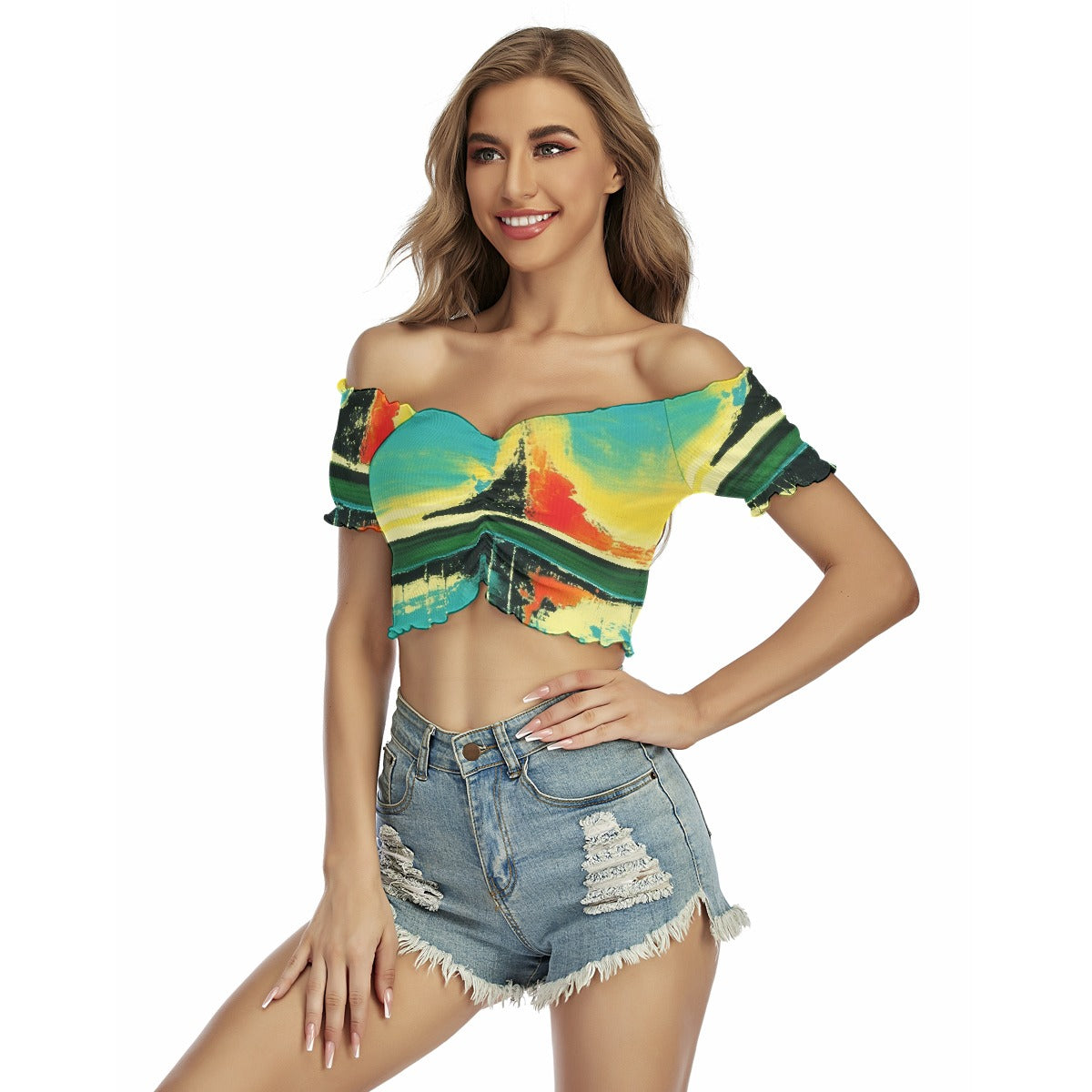 All-Over Print Women's One-shoulder Off-the-navel Short Sleeve T-shirt