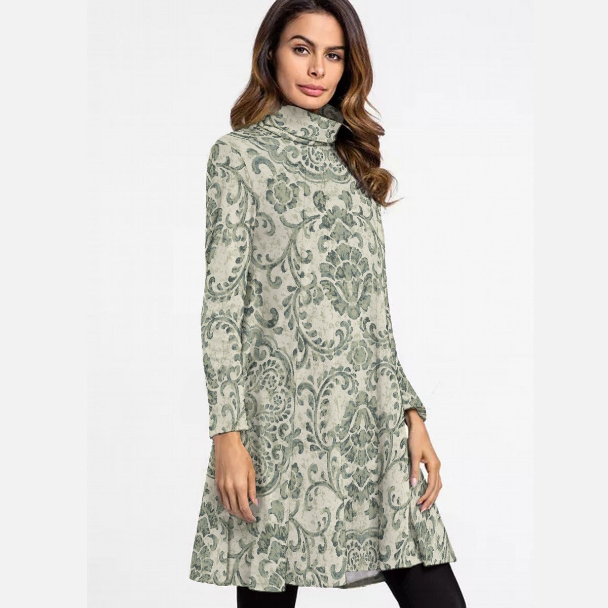 All-Over Print Women's High Neck Dress With Long Sleeve