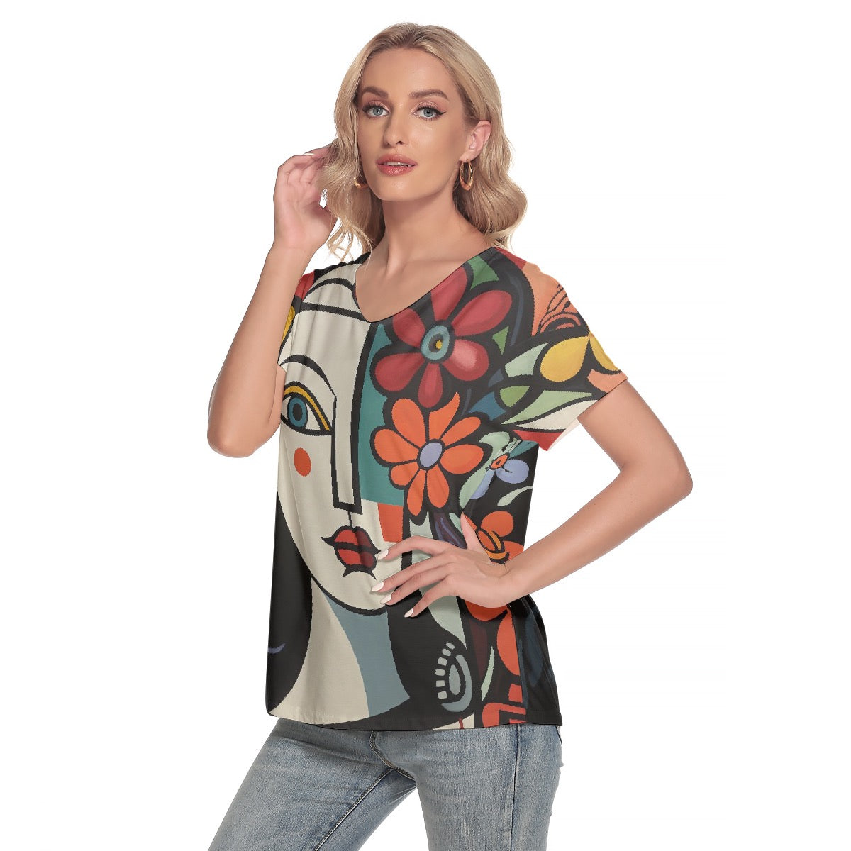 All-Over Print Women's Loose V-neck Short Sleeve T-shirt